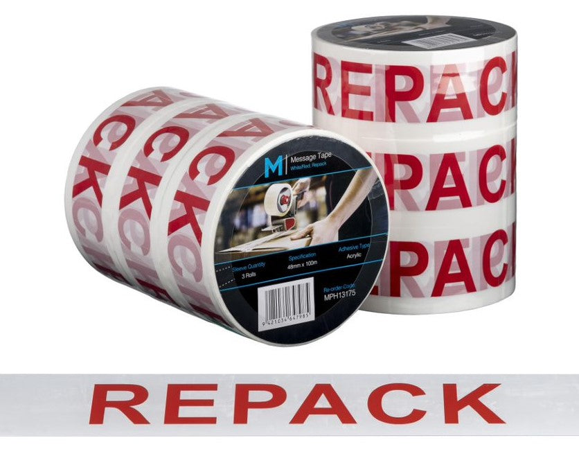 Message Tape Repack - White/Red, 48mm x 100m x 50mu (Per Roll)