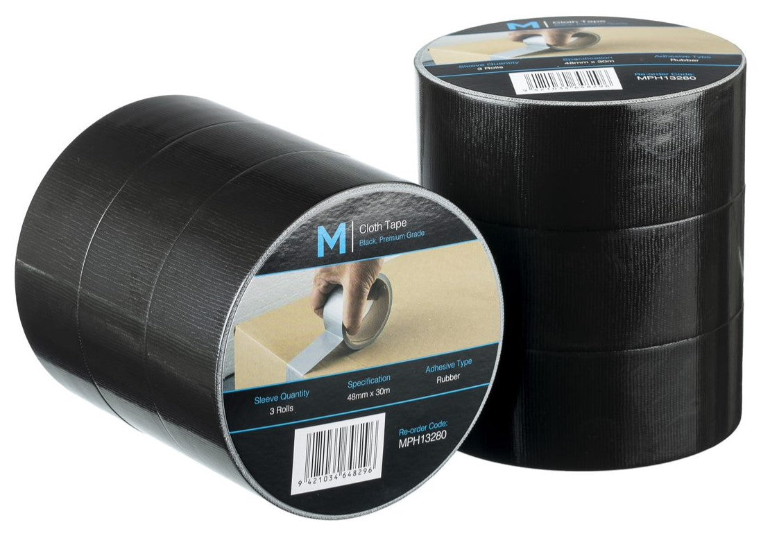 Premium Cloth Tape - Black, 48mm x 30m x 250mu (Per 36 Rolls/Box)
