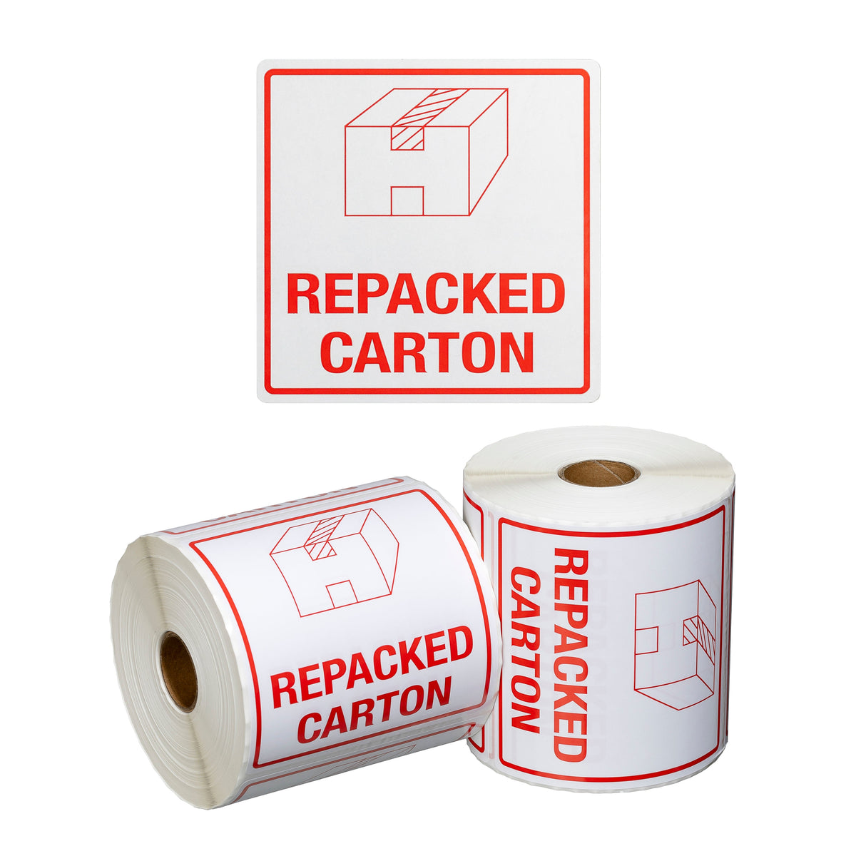 Handling Label Repacked Carton - White/Red, 99mm x 99mm (Per Roll)