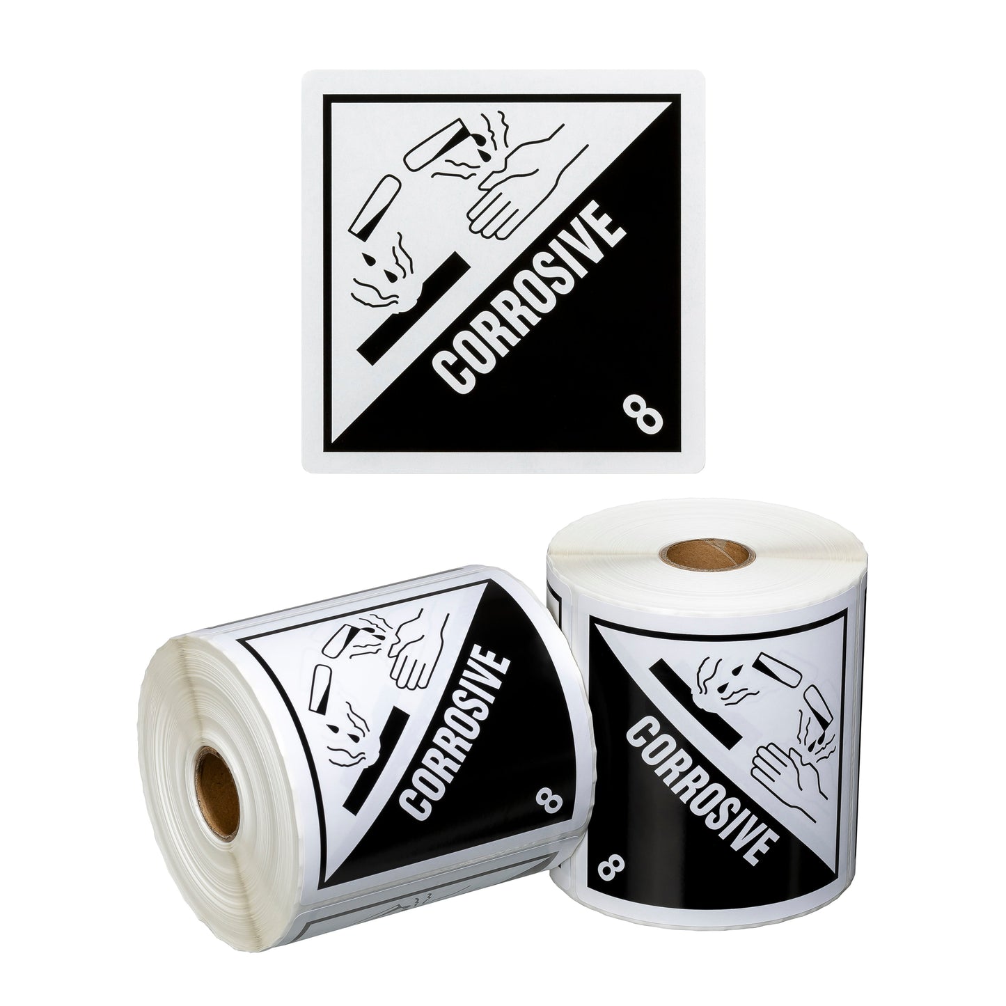 DG Label Corrosive 8 - White/Black, 99mm x 99mm (Per Roll)