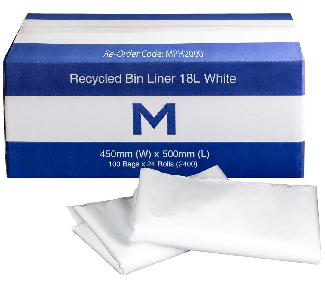 FP Recycled Bin Liner 18L - White, 450mm x 500mm x 20mu (Per 2400 Bags/Box)