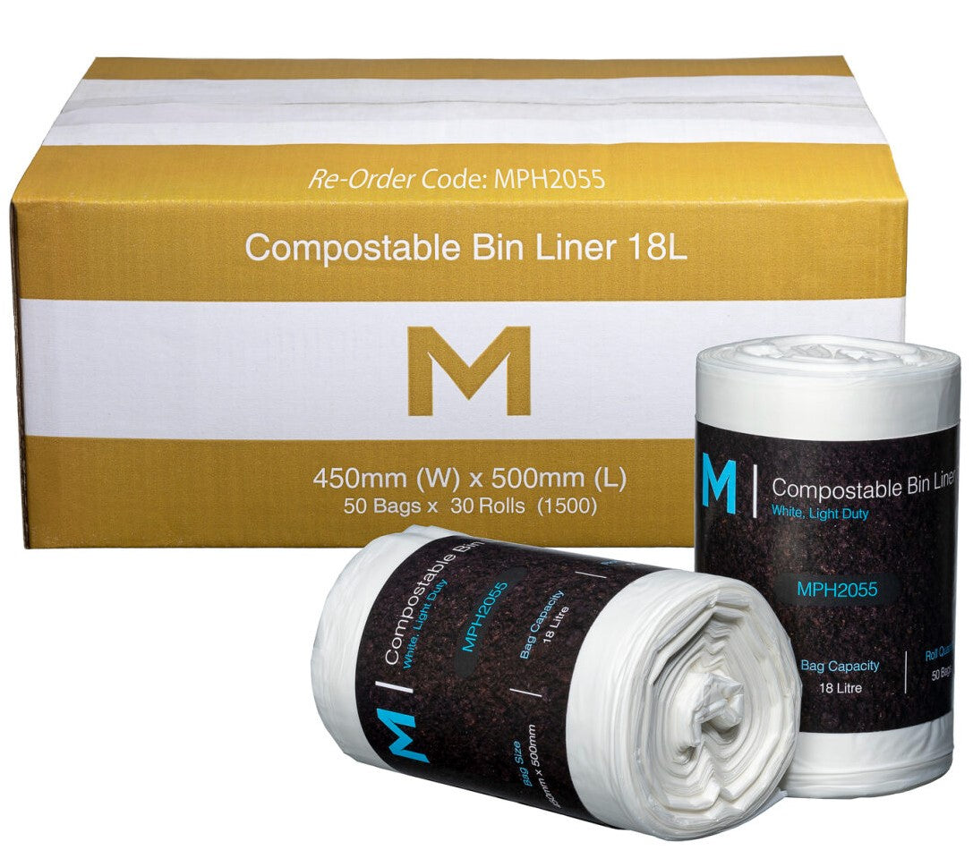 POR Compostable Bin Liner 18L - White, 450mm x 500mm x 15mu (Per 1500 Bags/Box)