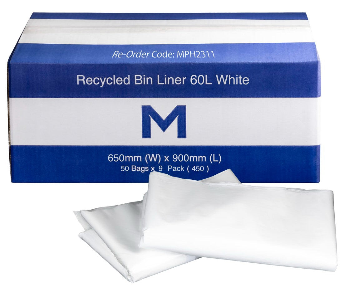 FP Recycled Bin Liner 60L - White, 650mm x 900mm x 30mu (Per 450 Bags/Box)
