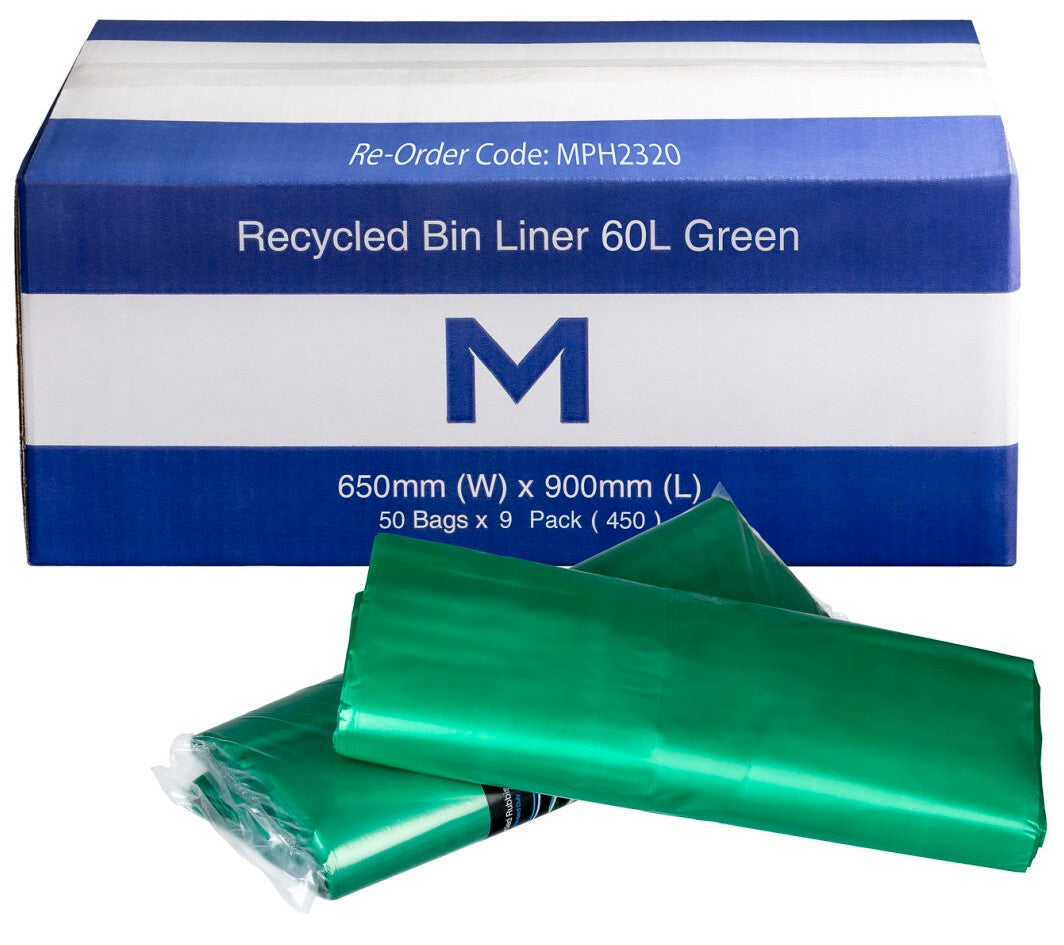 FP Recycled Bin Liner 60L - Green, 650mm x 900mm x 30mu (Per 450 Bags/Box)