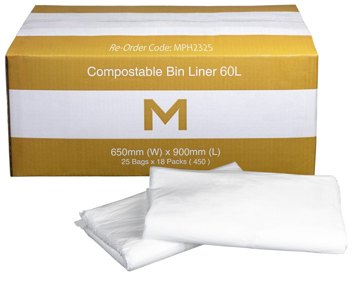 FP Compostable Bin Liner 60L - White, 650mm x 900mm x 30mu (Per 450 Bags/Box)