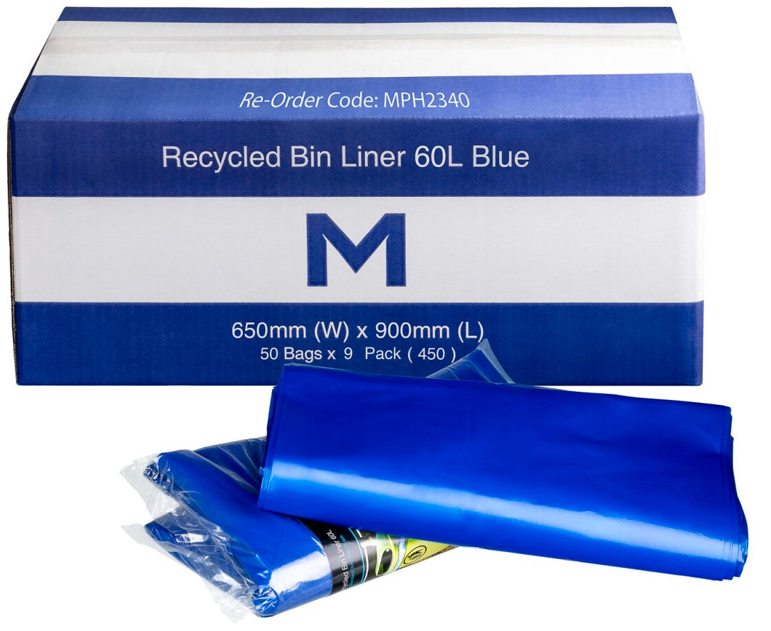 FP Recycled Bin Liner 60L - Blue, 650mm x 900mm x 30mu (Per 450 Bags/Box)