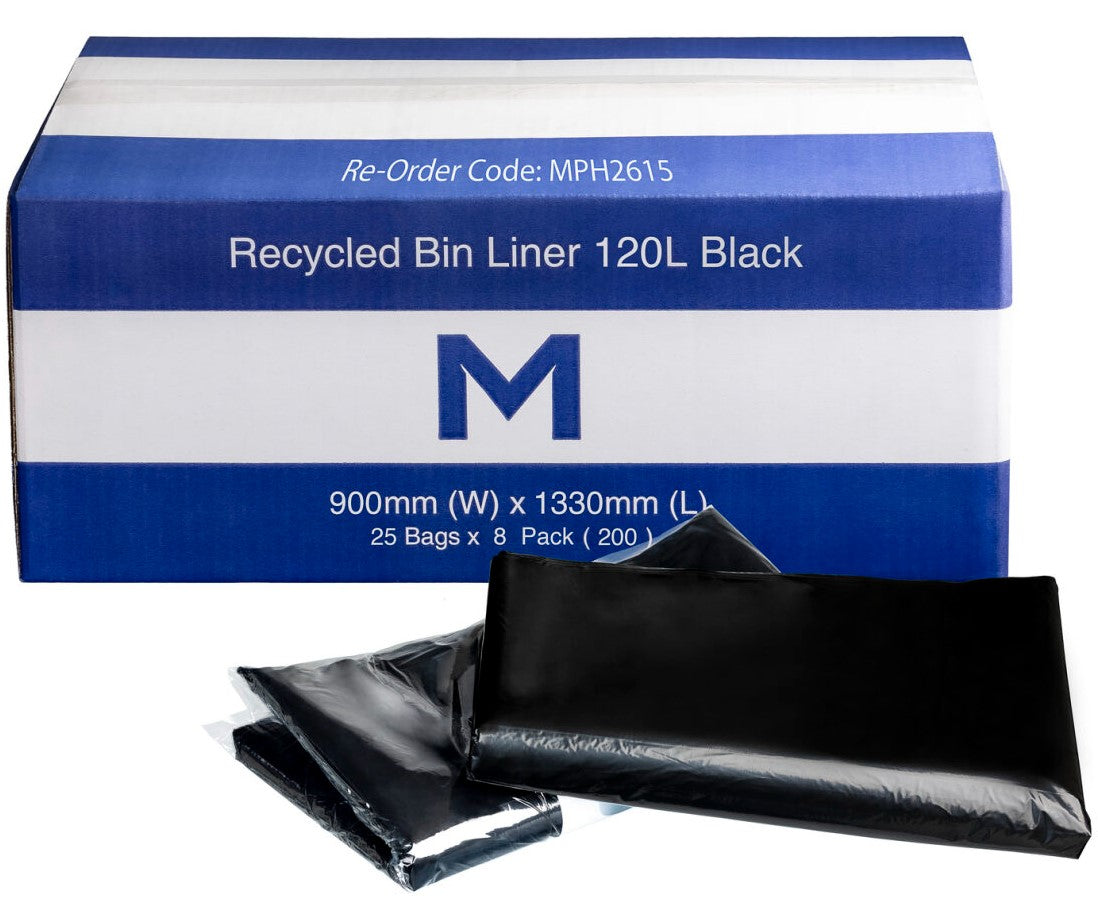 FP Recycled Bin Liner w/Handles 120L - Black, 900mm x 1330mm x 30mu (Per 200 Bags/Box)