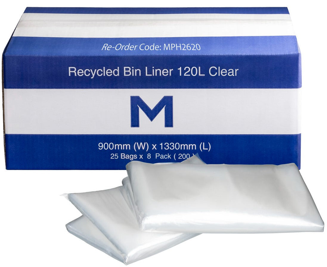 FP Recycled Bin Liner 120L - Clear, 900mm x 1330mm x 30mu (Per 200 Bags/Box)
