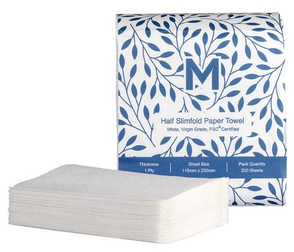 Half Slimfold Paper Towel - White, 115mm x 230mm, 1 Ply, FSC Mix® (Per 40 packs 8000 Sheets/Box)