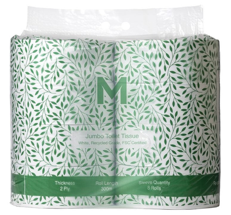 Recycled Jumbo Toilet Tissue Pack - White, 2 Ply, 300m, FSC Recycled® (Per 8 Rolls/Pack)