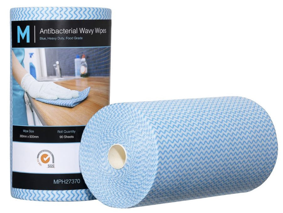 Antibacterial Wavy Wipes - Blue, 300mm x 500mm, 90 Sheets, 80gsm (Per Roll)