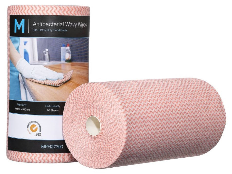 Antibacterial Wavy Wipes - Red, 300mm x 500mm, 90 Sheets, 80gsm (Per Roll)