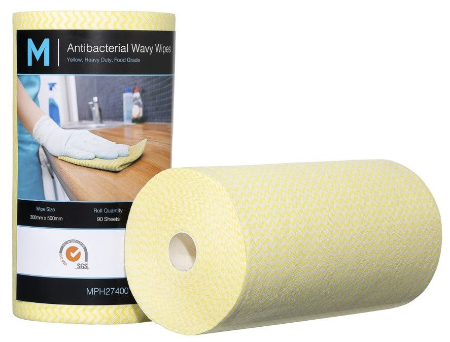 Antibacterial Wavy Wipes - Yellow, 300mm x 500mm, 90 Sheets, 80gsm (Per Roll)