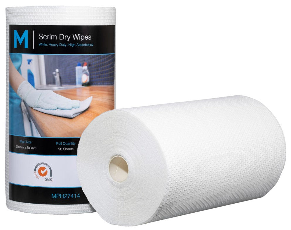 Scrim Hexagonal Dry Wipes - White, 300mm x 500mm, 90 Sheets, 80gsm (Per Roll)