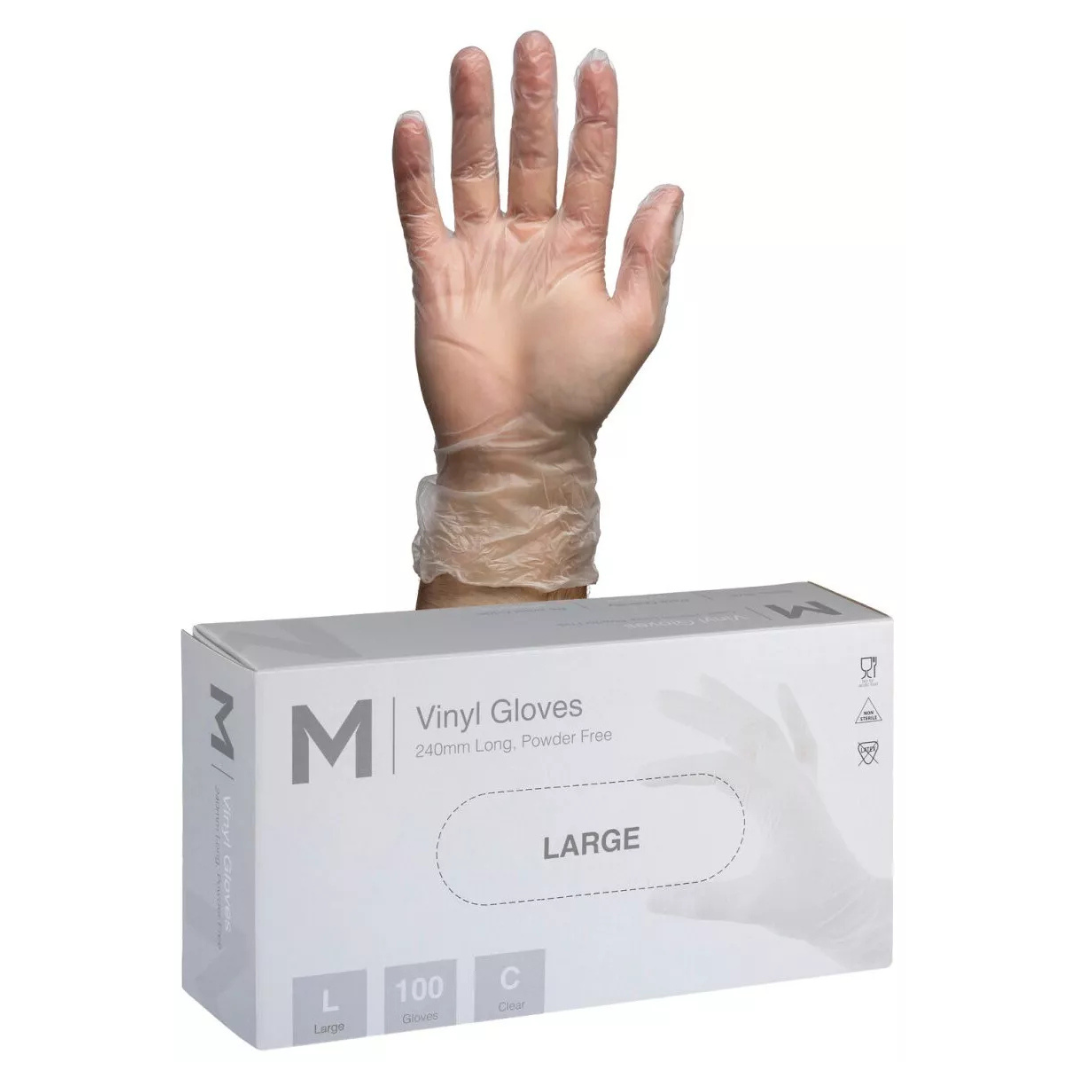 Vinyl Gloves Powder Free - Clear, L, 240mm Cuff, 5.0g (Per 1000 Gloves/Box)