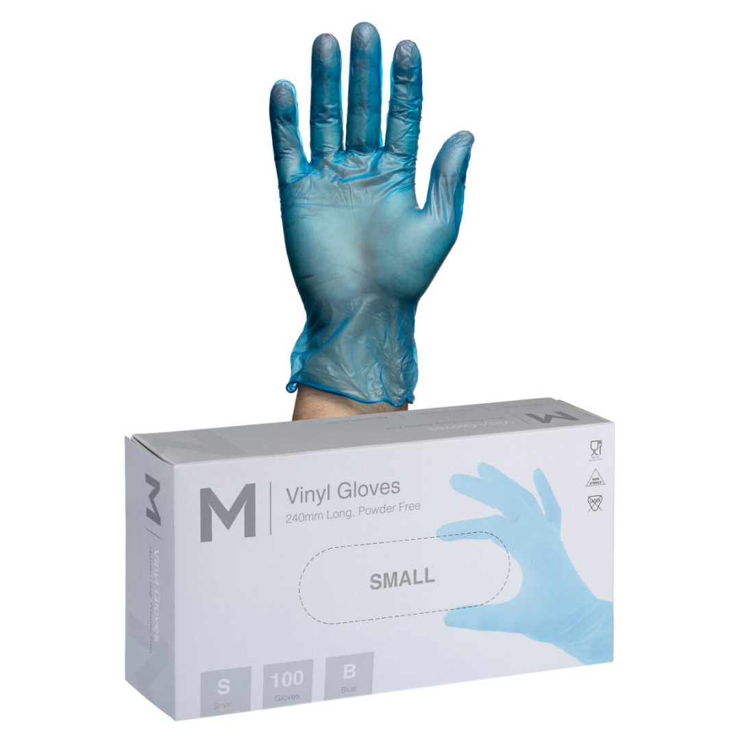 Vinyl Gloves Powder Free - Blue, S, 240mm Cuff, 5.0g (Per 1000 Gloves/Box)