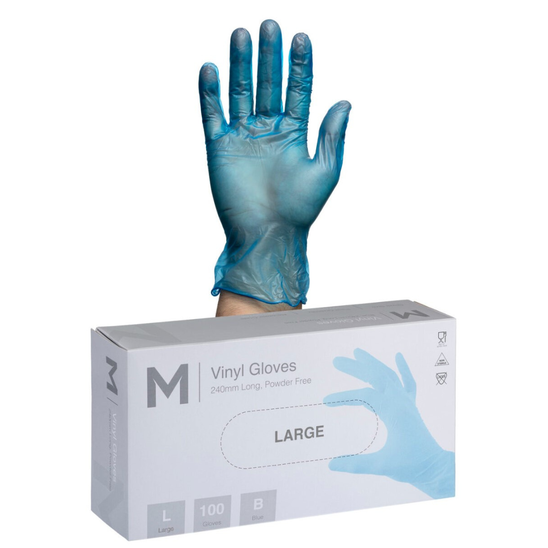 Vinyl Gloves Powder Free - Blue, L, 240mm Cuff, 5.0g (Per 1000 Gloves/Box)