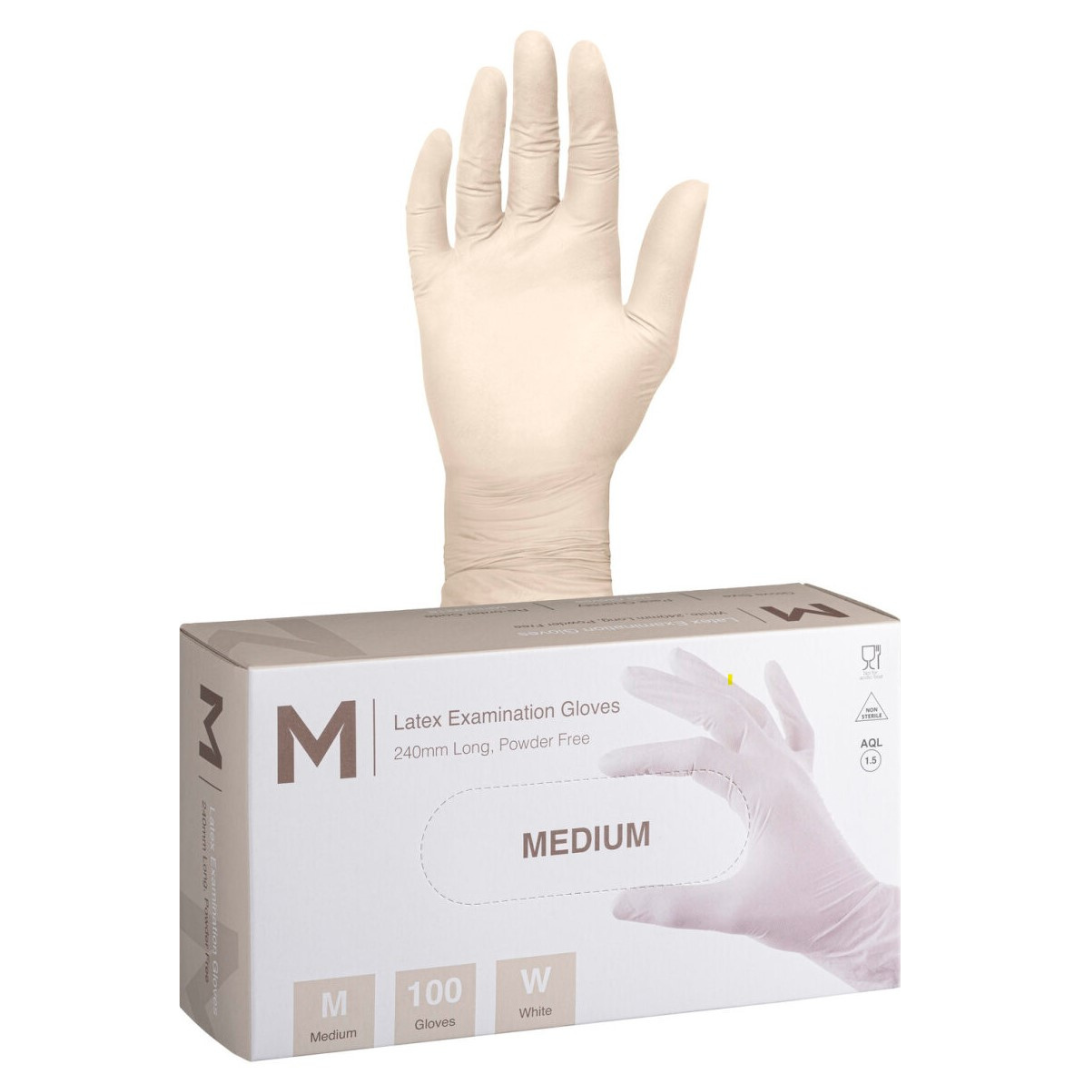 Latex Examination Gloves Powder Free - White, M, 240mm Cuff, 6.0g (Per 1000 Gloves/Box)