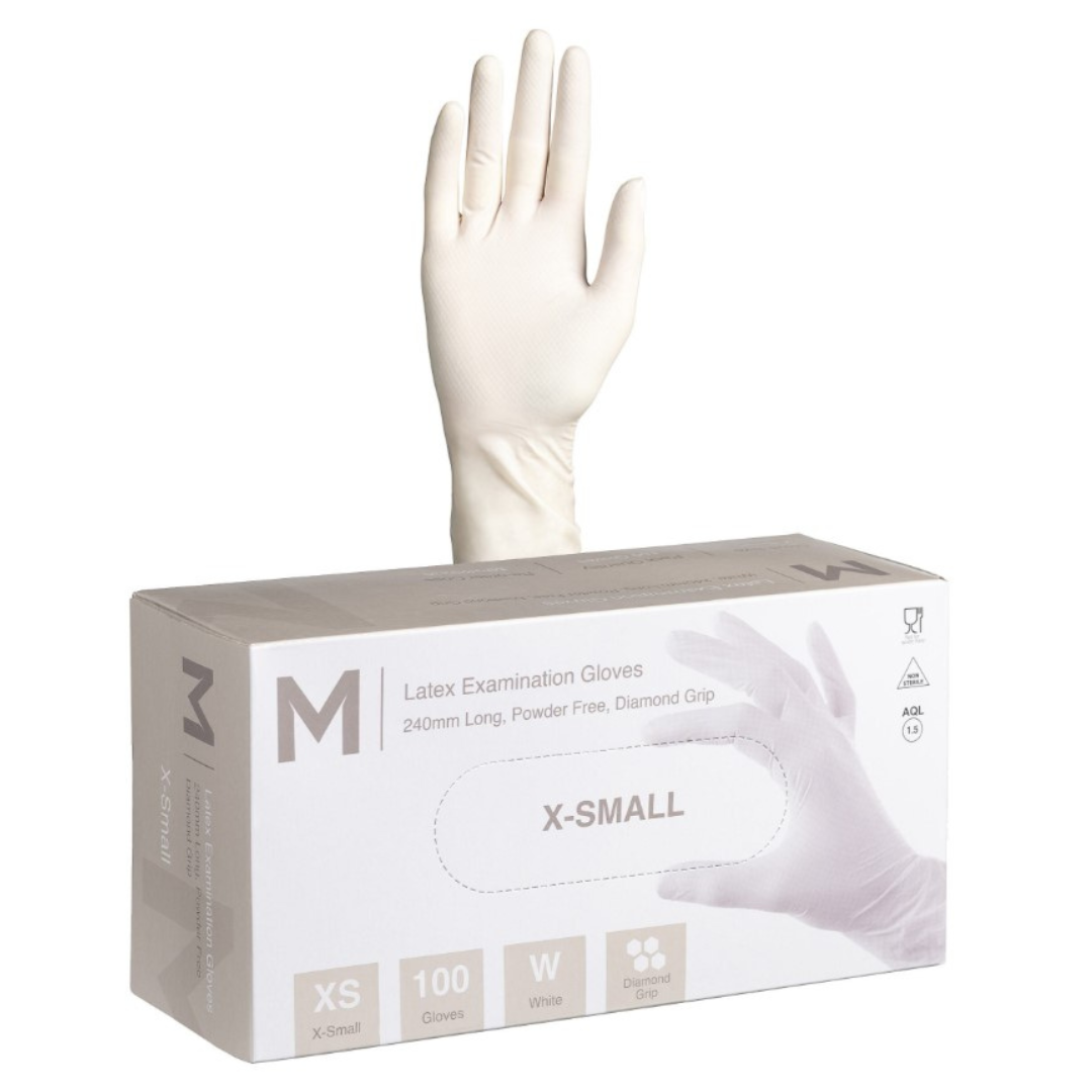 Latex Diamond Grip Examination Gloves Powder Free - White, XS, 240mm Cuff, 8.0g (Per 1000 Gloves/Box)
