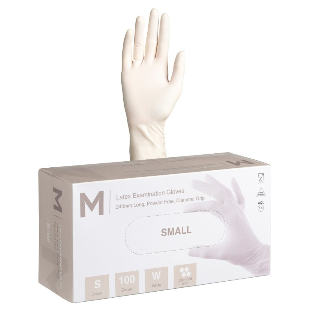 Latex Diamond Grip Examination Gloves Powder Free - White, S, 240mm Cuff, 8.0g (Per 1000 Gloves/Box)