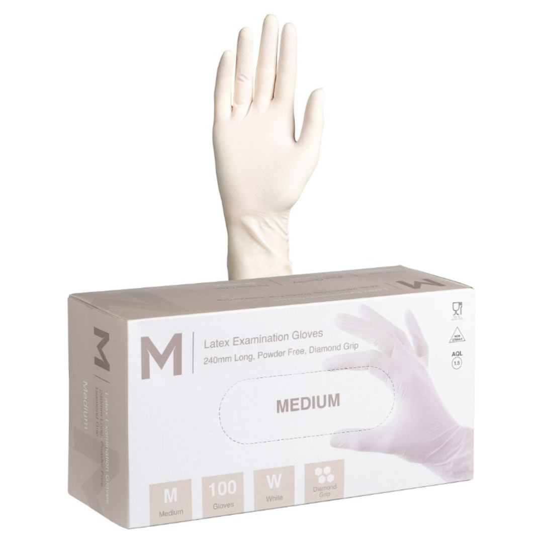 Latex Diamond Grip Examination Gloves Powder Free - White, M, 240mm Cuff, 8.0g (Per 1000 Gloves/Box)
