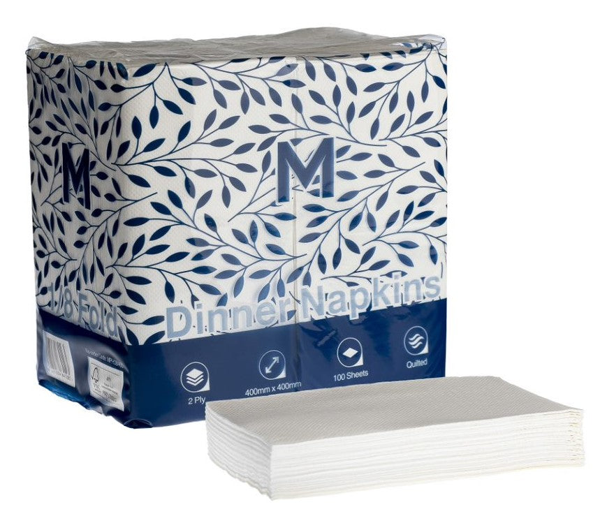 Quilted Dinner Napkins 1/8 Fold - White, 400mm x 400mm, 2 Ply, FSC Mix® (Per 800 Napkins/Box)