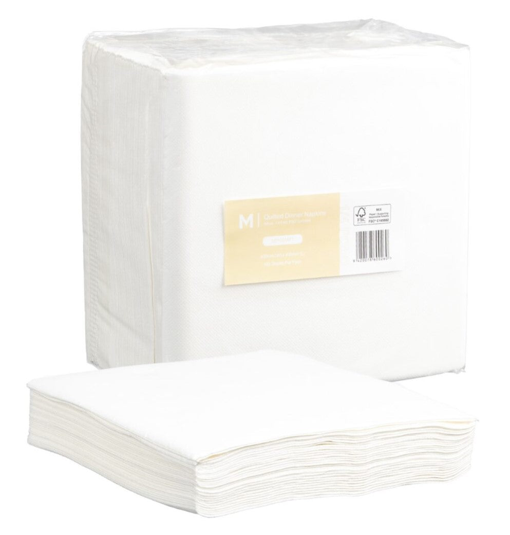 Quilted Dinner Napkins 1/4 Fold - White, 400mm x 400mm, 2 Ply, FSC Mix® (Per 800 Napkins/Box)