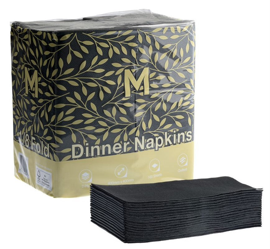 Quilted Dinner Napkins 1/4 Fold - Black, 400mm x 400mm, 2 Ply, FSC Mix® (Per 800 Napkins/Box)