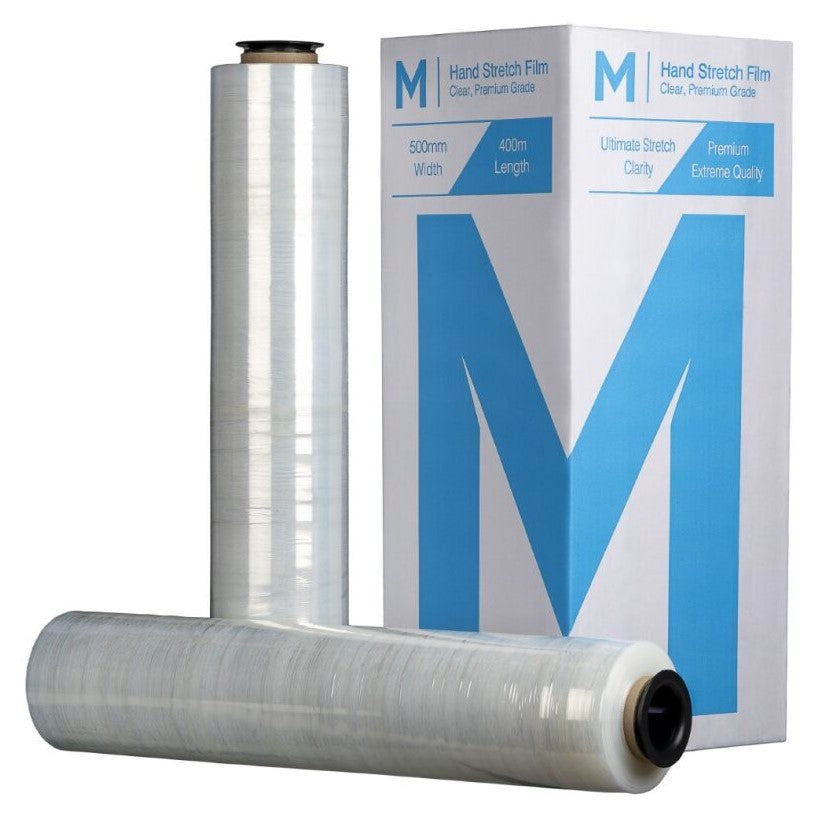 Cast Hand Stretch Film - Clear, 500mm x 400m x 15mu (4 Rolls/Box) + 4 Free End Caps