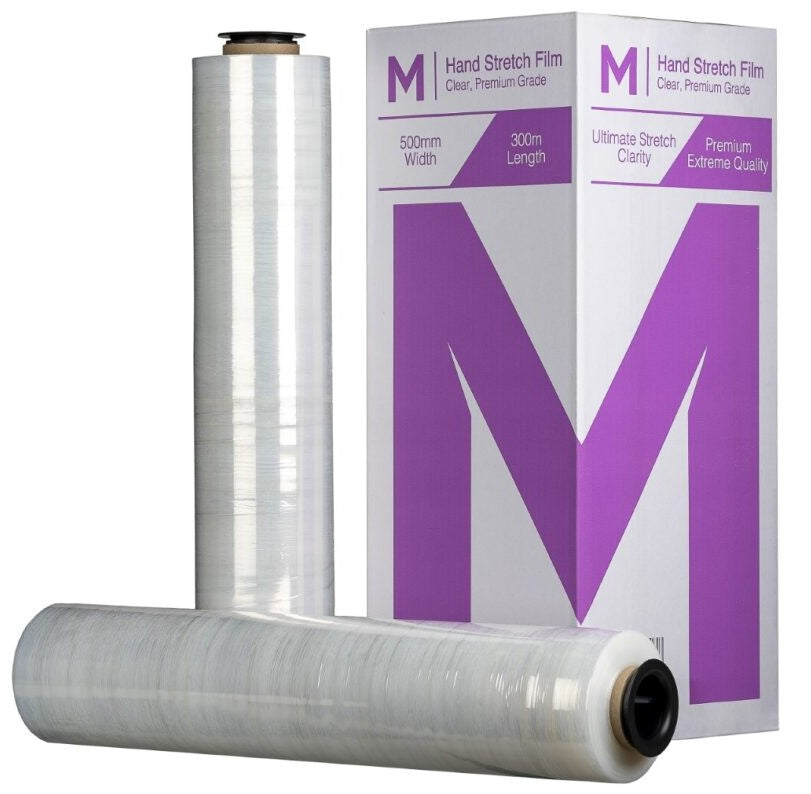 Cast Hand Stretch Film - Clear, 500mm x 300m x 20mu (4 Rolls/Box) + 4 Free End Caps