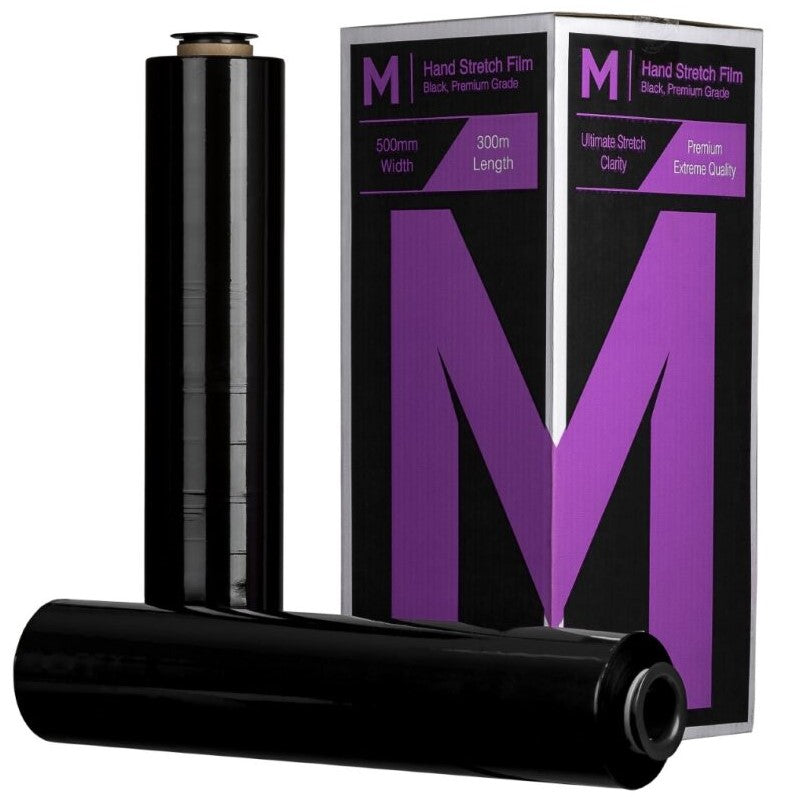 Cast Hand Stretch Film - Black, 500mm x 300m x 20mu (4 Rolls/Box) + 4 Free End Caps