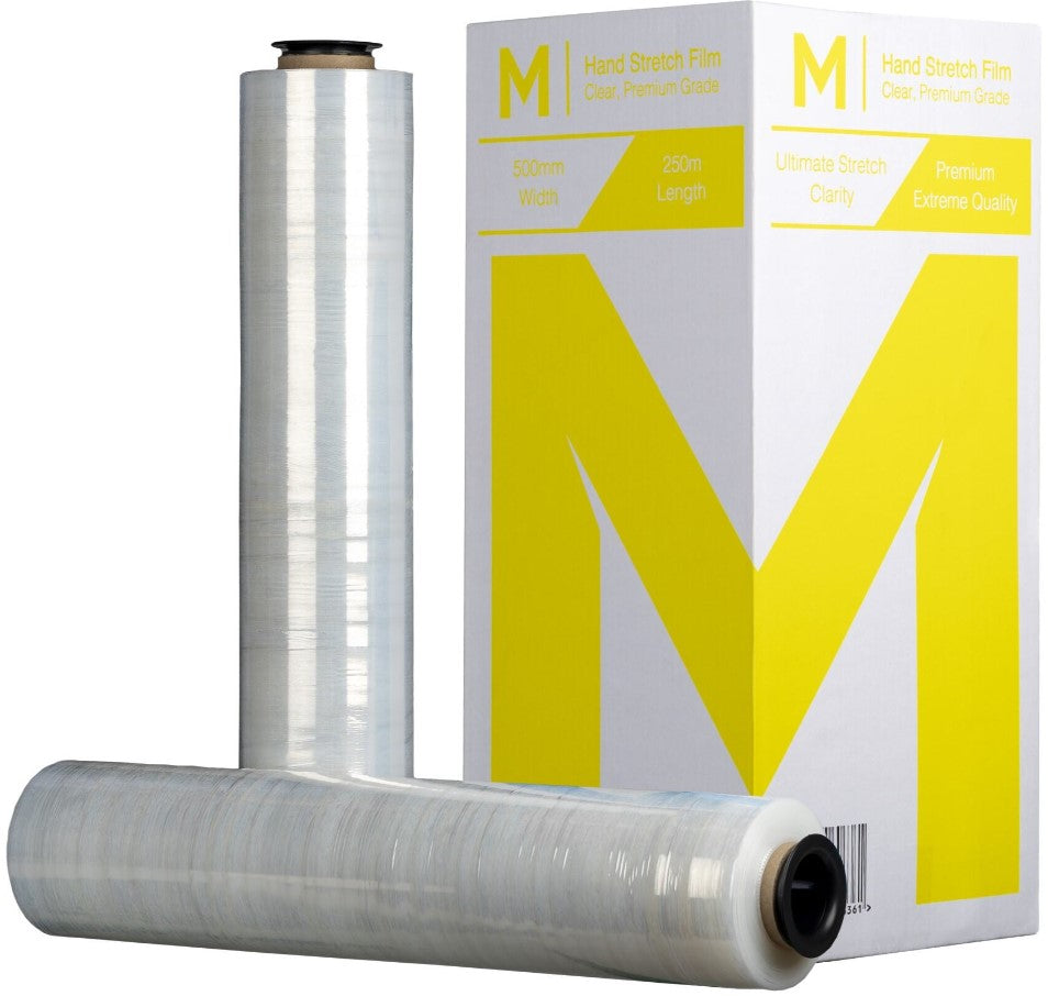 Cast Hand Stretch Film - Clear, 500mm x 250m x 30mu (4 Rolls/Box) + 4 Free End Caps