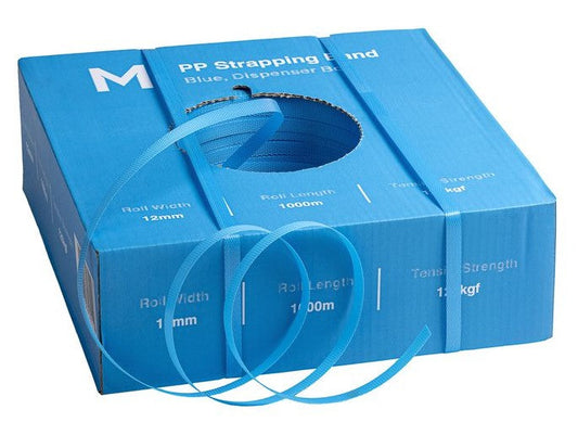PP Hand Strapping Band - Blue, 12mm x 1000m x 0.60mm, 120kgf (Per 1 Roll/Dispenser Box)