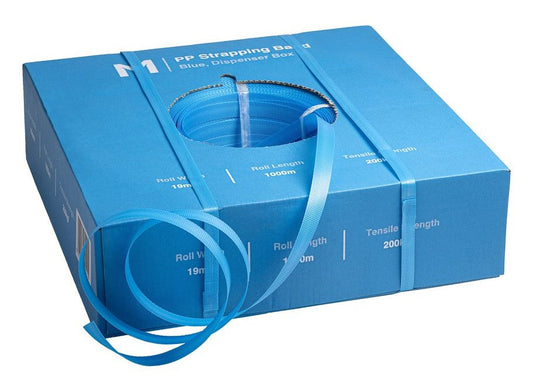 PP Hand Strapping Band - Blue, 19mm x 1000m x 0.65mm, 200kgf (Per 1 Roll/Dispenser Box)