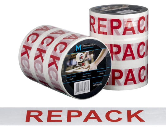 Message Tape Repack - White/Red, 48mm x 100m x 50mu (Per Roll)