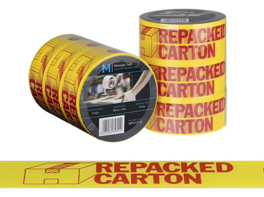 Message Tape Repacked Carton - Yellow/Red, 48mm x 100m x 50mu (Per Roll)