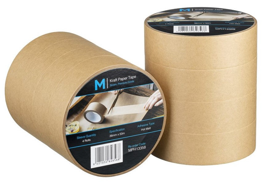 Kraft Paper Packaging Tape - Tan, 36mm x 50m x 125mu (48 Rolls/Box)