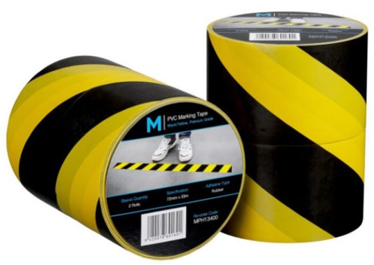 PVC Floor Marking Tape - Yellow/Black, 72mm x 33m x 150mu (Per Roll)