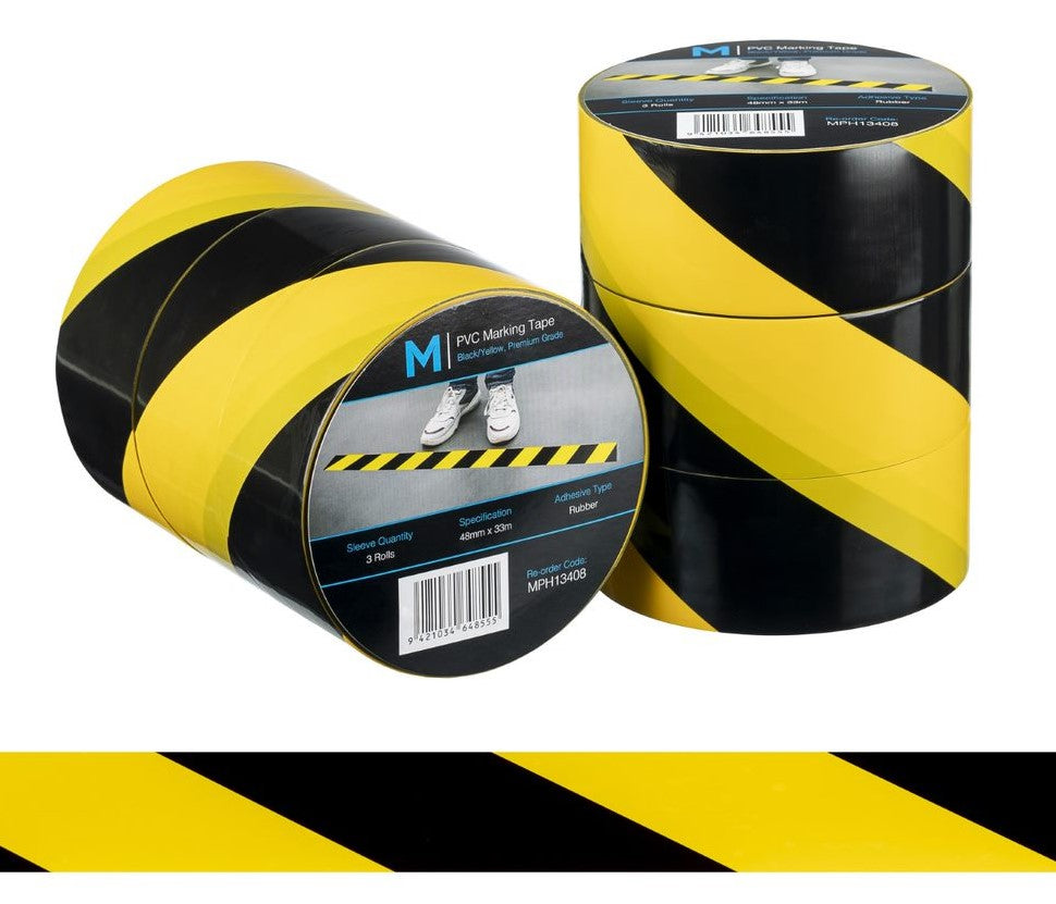 PVC Floor Marking Tape - Yellow/Black, 48mm x 33m x 150mu (Per Roll)