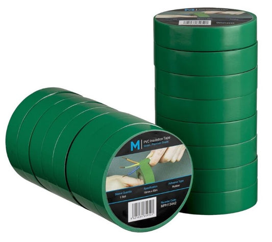 PVC Electrical Insulation Tape - Green, 18mm x 20m x 180mu (Per Roll)