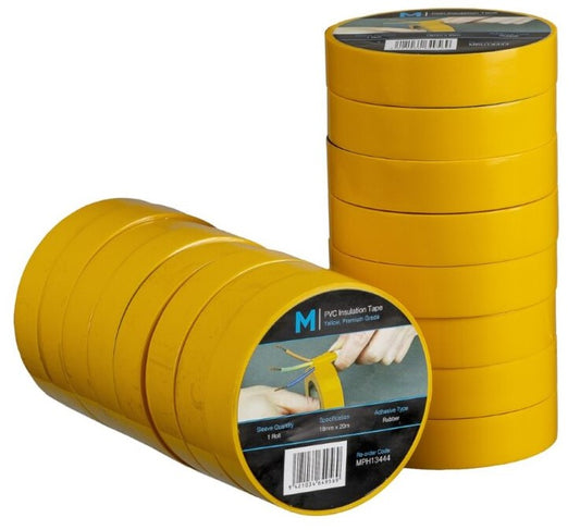 PVC Electrical Insulation Tape - Yellow, 18mm x 20m x 180mu (Per Roll)