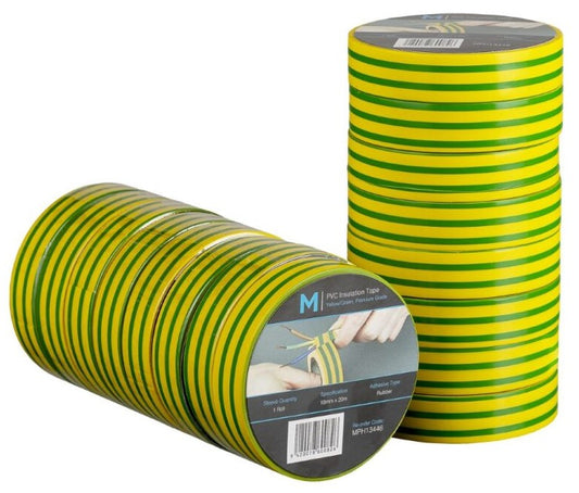PVC Electrical Insulation Tape - Yellow/Green, 18mm x 20m x 180mu (Per Roll)