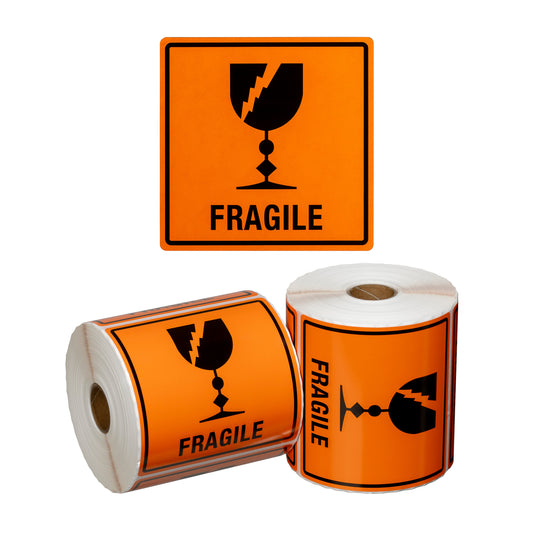 Handling Label Fragile - Orange/Black, 99mm x 99mm (Per Roll)