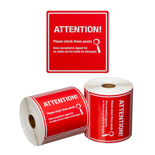 Handling Label Attention Please Check - Red/White, 99mm x 99mm (Per Roll)