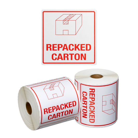 Handling Label Repacked Carton - White/Red, 99mm x 99mm (Per Roll)