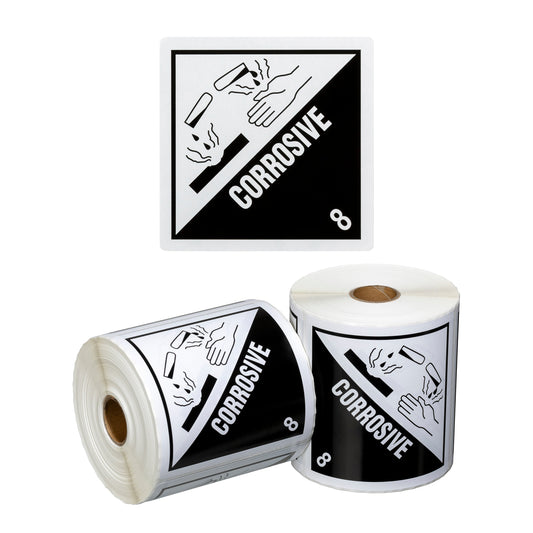 DG Label Corrosive 8 - White/Black, 99mm x 99mm (Per Roll)