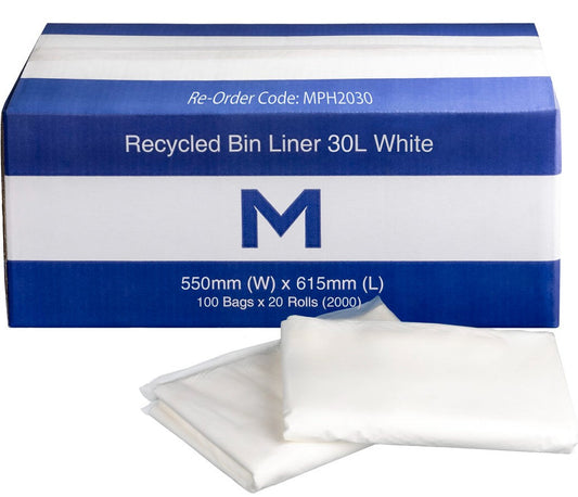 FP Recycled Bin Liner 30L - White, 550mm x 615mm x 11mu (Per 2000 Bags/Box)