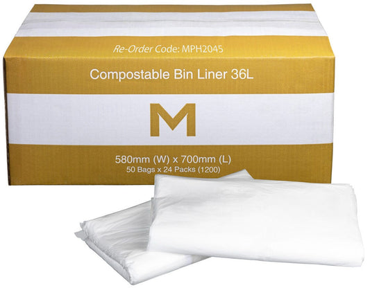 FP Compostable Bin Liner 36L - White, 580mm x 700mm x 20mu (Per 1200 Bags/Box)