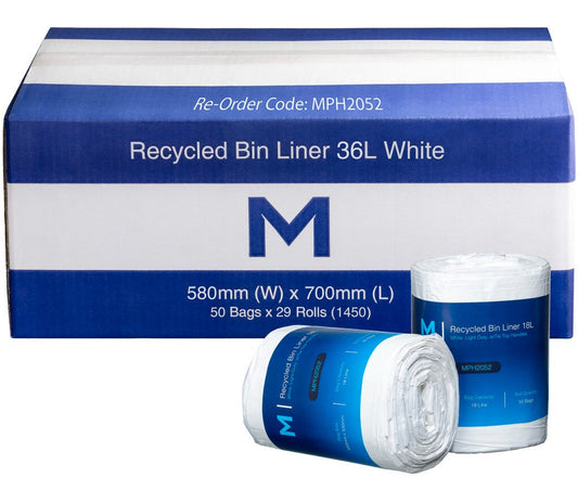 POR Recycled Bin Liner w/Handles 18L - White, 450mm x 500mm x 15mu (Per 1200 Bags/Box)