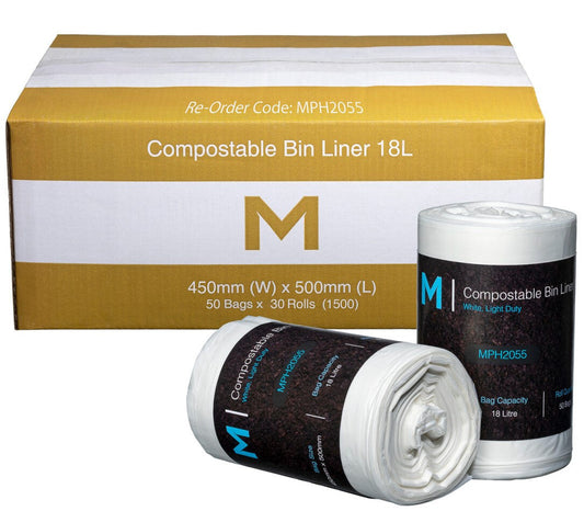 POR Compostable Bin Liner 18L - White, 450mm x 500mm x 15mu (Per 1500 Bags/Box)